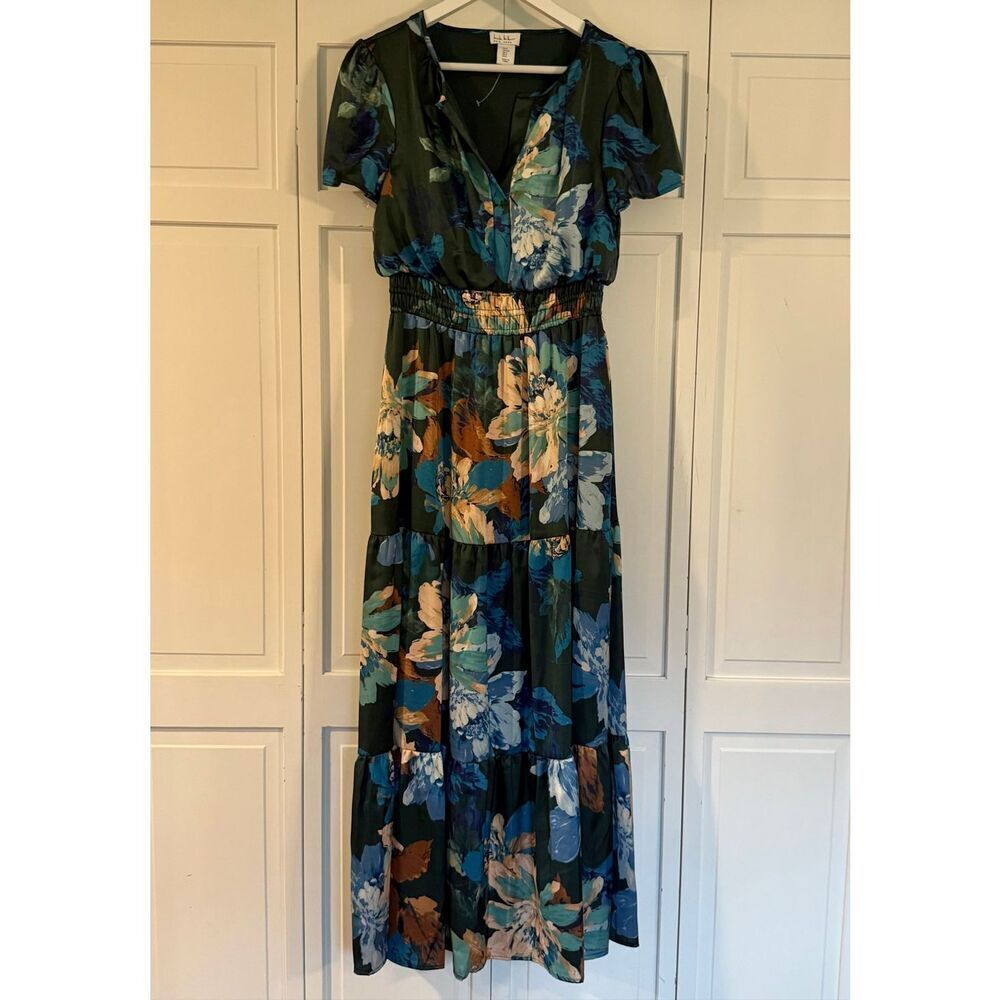 Nicole Mille floral satin look smocked waist ruffle sleeve maxi dress small - Picture 12 of 13